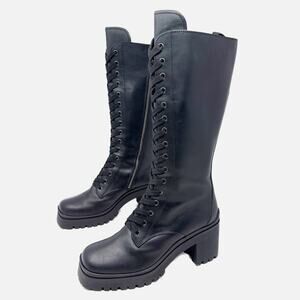 Miu Miu Black Leather Combat Boots Lug Sole Block Heel Womens Size EU 41